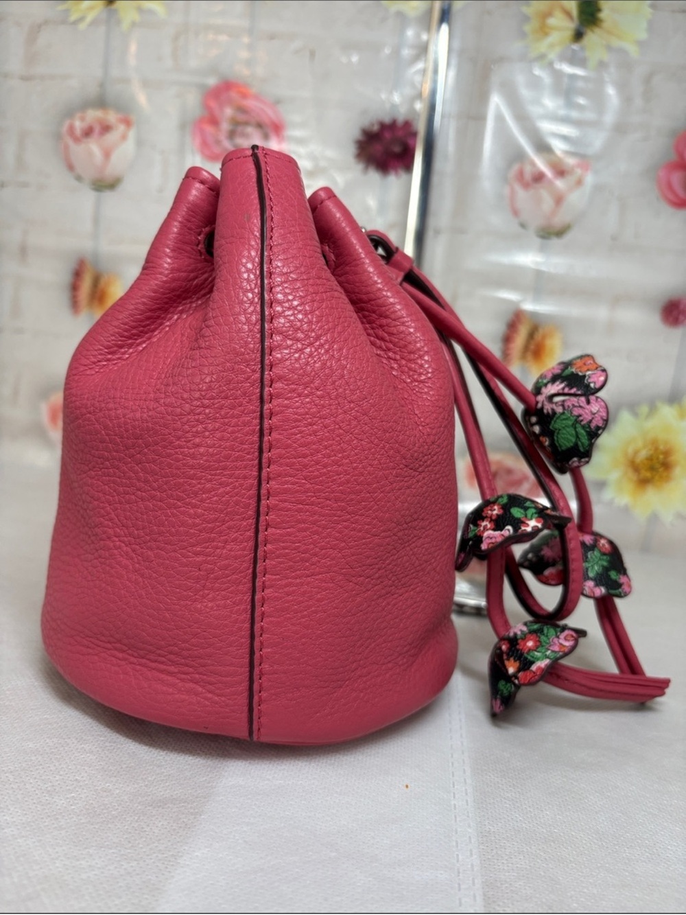 Coach Pebbled Leather Drawstring Mini Bucket Bag with 4 Leather Tea Roses - Picture 8 of 11